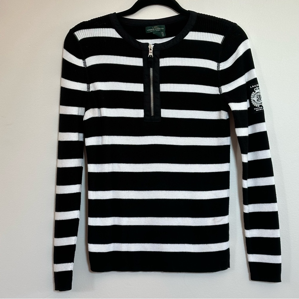 VTG Y2K Ralph Lauren LRL Racing Patch Striped Quarter Zip Sweater M Black White